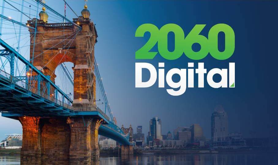 2060 Digital Logo with photo of Cincinnati's Roebling Bridge